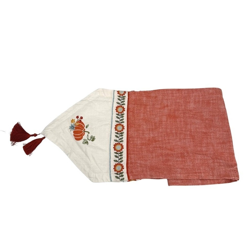 Kay Dee Table Runner Fall Harvest Pumpkin Floral Tassels Pointed Ends Decor